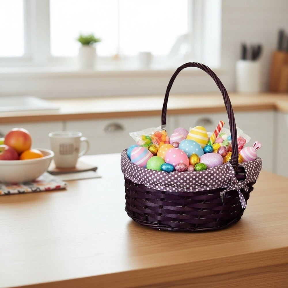 Purple Woven Basket With Polka Dot Liner & Handle 13.5" Diameter Easter/Spring D